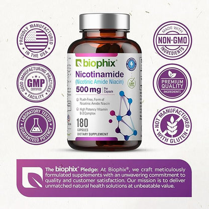 biophix B-3 Nicotinamide 500 mg 180 Caps 2 Pack - Nicotinic Amide Niacin Natural Flush-Free Vitamin Formula - Supports Skin Cell Health
