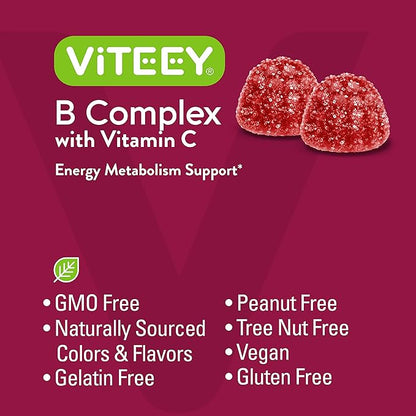 Viteey Vitamin B Complex Gummies with Vitamin C - Energy, Metabolism & Immune Support - B6, B12, Niacin, Folic Acid, Biotin, Calcium - Vegan, Gluten-Free - 120 Count