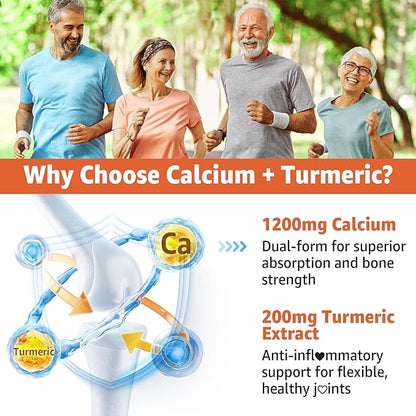 Calcium 1200 mg with Vitamin D3 Gummies - Calcium + Turmeric Supplement for Women and Men with Vitamin K2 B12 - Support Bone & Muscle - Sugar Free - Vegan (60 Count)