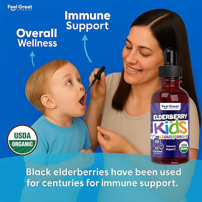Elderberry for Kids Liquid Drops with Vitamin C & Zinc - 2oz - Children and Toddler Immune Support Supplement USDA Organic Sambucus Elderberry Extract Ages 1-13 Years - Made in USA - 2 fl oz