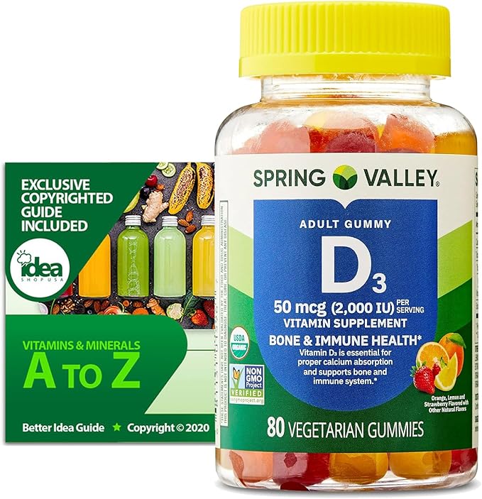 Vitamin D3 Gummies 2000 IU (50 mcg), 80 Count – Bone & Immune Health Support – Assorted Fruit Flavors, Vegetarian, Non-GMO, Organic Supplement + Bonus Better Idea Guide Included