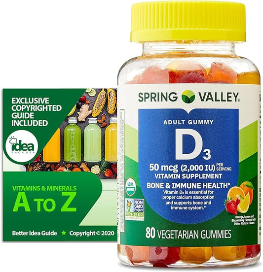 Vitamin D3 Gummies 2000 IU (50 mcg), 80 Count – Bone & Immune Health Support – Assorted Fruit Flavors, Vegetarian, Non-GMO, Organic Supplement + Bonus Better Idea Guide Included