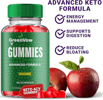 GreenVow ACV Gummies – 1000MG Apple Cider Vinegar with Vitamin B12, B6 & Folic Acid for Keto Support, Green Bow Dietary Supplement, Advanced Keto Formula (60 Gummies)