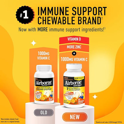 Airborne Vitamin C 1000mg (per Serving) - Citrus Chewable Tablets (116 Count in a Bottle), Gluten-Free Immune Support Supplement, with Vitamins A C E, Zinc, Selenium, Echinacea, Ginger, Antioxidants