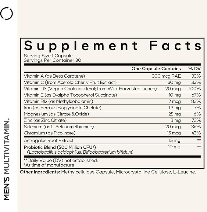 Codeage Men's Multivitamin - Daily Vitamins for Men with Vitamin A, C, D3, E, B12, Magnesium, Zinc, Iron, Chromium, Probiotics, Astragalus & More - 1 Capsule Per Serving - 30 Capsules