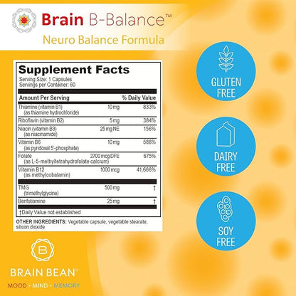 Brain B Balance: Methylated Multivitamin - Methylated B Complex Neurobalance Formula - Methylfolate Supports Mood.Mind.Memory - 60 Vegan Capsules