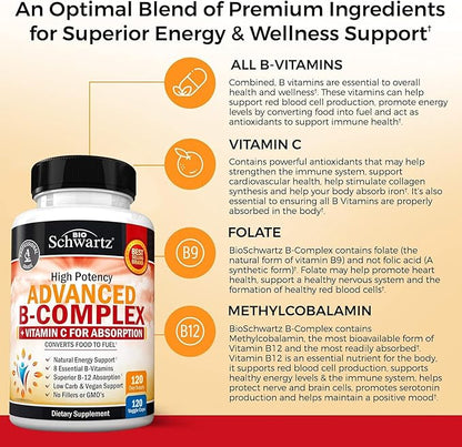 Vitamin B Complex with Vitamin C for Maximum Absorption - Methylcobalamin b12 & Folate Folic Acid Supplement - B1 B2 B3 B5 B6 B7 B9 for Immune Energy & Nervous System Support - Non-GMO, 120 count