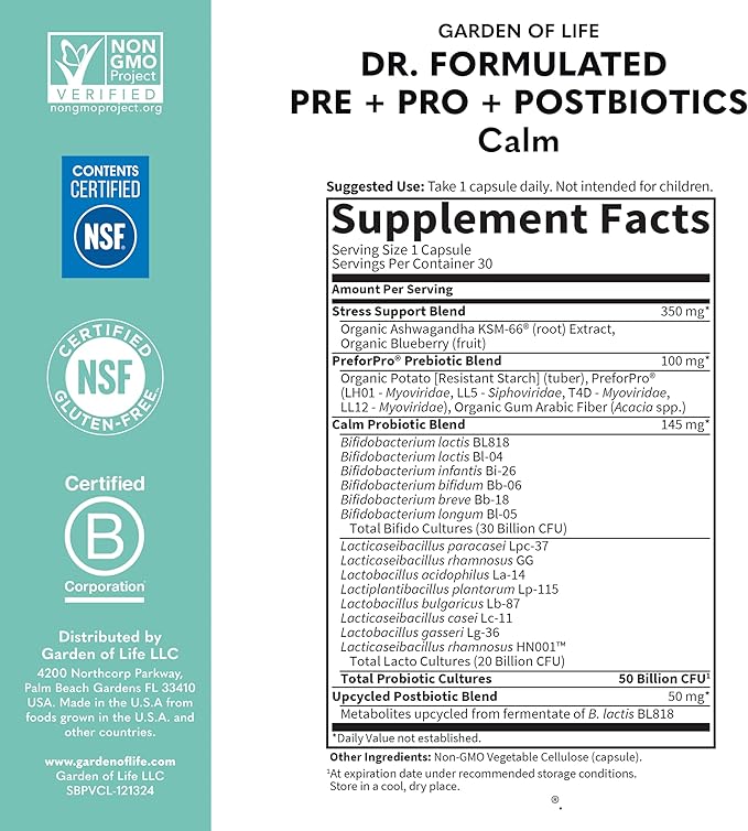 Garden of Life Dr Formulated Calm Daily 3-in-1 Complete Probiotics, Prebiotics & Postbiotics with Ashwagandha - PRE + PRO + POSTBIOTIC Supplement for Immune, Digestive & Mood Support - 30 Day Supply