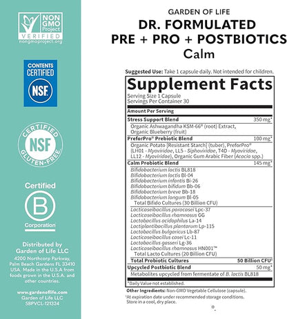 Garden of Life Dr Formulated Calm Daily 3-in-1 Complete Probiotics, Prebiotics & Postbiotics with Ashwagandha - PRE + PRO + POSTBIOTIC Supplement for Immune, Digestive & Mood Support - 30 Day Supply