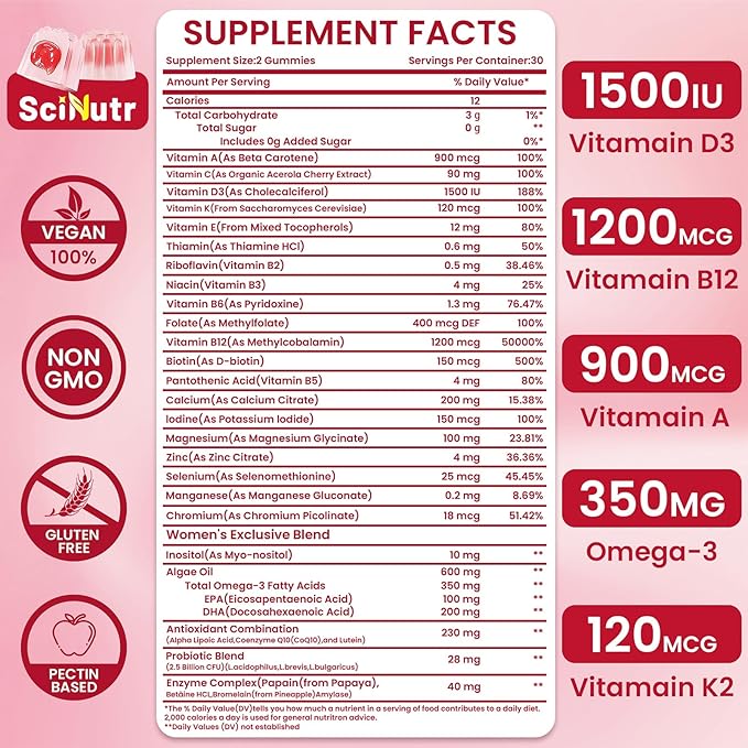 Methylated Multivitamin for Women Gummies with Calcium, Magnesium, Zinc, Vitamin A, C, D3, E, K2, B Complex, Folate, Biotin - Multi Vitamins & Minerals for Energy, Immune Support,and Strengthen Bone