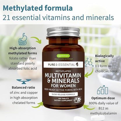 Igennus High Potency Methylated Multivitamin for Women, Pure & Clean Ingredients, MTHFR Supplement with Active B-Vitamins, Vitamin K2 MK7, Gentle Iron, Sustained Released, Non-GMO & Halal, 180 Tablets