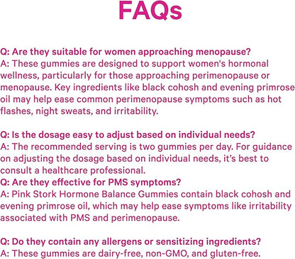 Pink Stork Hormone Balance Gummies for Women – PMS, Menopause & Estrogen Support – Mood, Bloating, Hot Flashes & Energy – Red Raspberry Leaf, Black Cohosh, Primrose – 60 Vegan Gummies