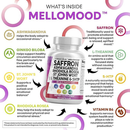 Clean Nutraceuticals Saffron Supplements Extract 100mg + Ashwagandha L-Theanine 200mg - Mood Support Ginkgo Biloba, St. John's Wort, Rhodiola Rosea & 5-HTP Capsules Pills Men Women