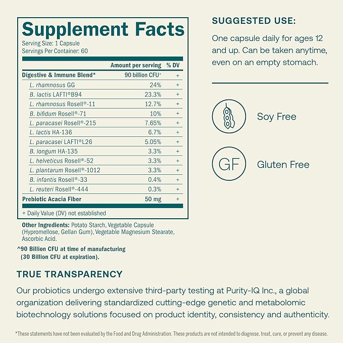 True Grace One Daily Probiotic - 60 Vegetarian Capsules - 90 Billion CFU - Gut, Digestive & Immune Health Support Blend with Prebiotic Fiber - Gluten & Soy Free - 60 Servings
