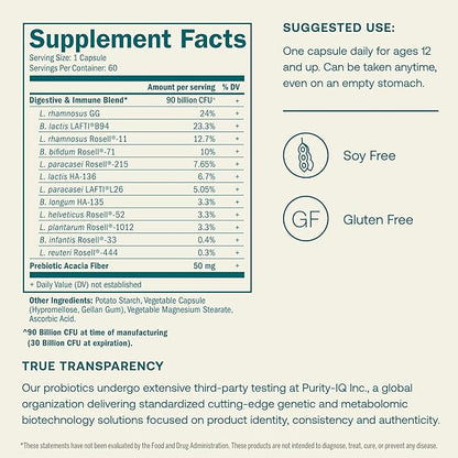 True Grace One Daily Probiotic - 60 Vegetarian Capsules - 90 Billion CFU - Gut, Digestive & Immune Health Support Blend with Prebiotic Fiber - Gluten & Soy Free - 60 Servings