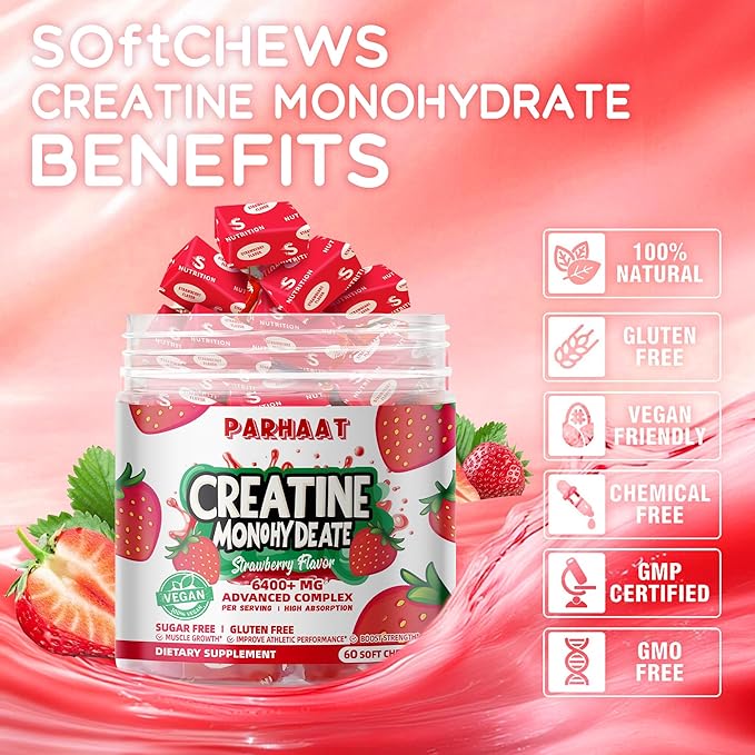 Creatine Monohydrate Chews Complex 6400mg for Men & Women -Advanced Formula W/L-Taurine + Vitamin B12, Sugar Free Chewable Supplement,60 Strawberry Softchews