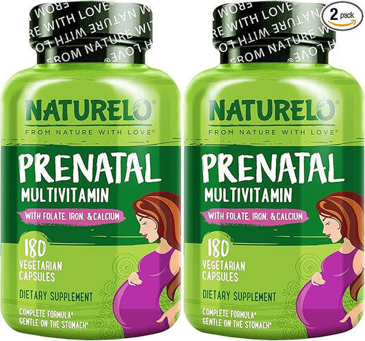 NATURELO Prenatal Multivitamin with Gentle Chelated Iron, Methyl Folate, Plant Calcium & Choline - Vegan, Vegetarian - Non-GMO - Gluten Free - 180 Capsules - 4 Month Supply (Pack of 2)