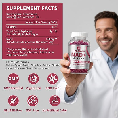 (2 Packs) NAD Gummies Supplement for Women & Men, Pure 500mg Liposomal NAD - Cell Regeneration, Energy & Metabolism Support, Vegan,Sugar Free，Additives Free, 120 Counts,Blueberry Flavor