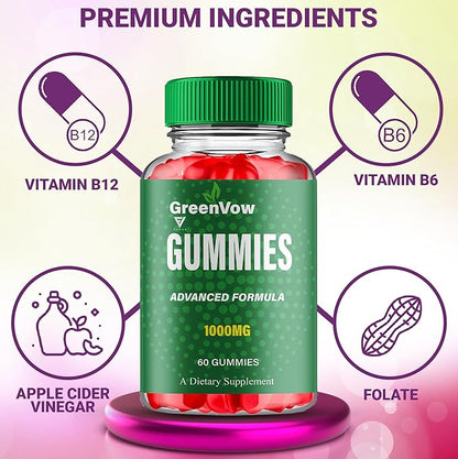 GreenVow ACV Gummies – 1000MG Apple Cider Vinegar with Vitamin B12, B6 & Folic Acid for Keto Support, Green Bow Dietary Supplement, Advanced Keto Formula (60 Gummies)