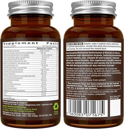 Igennus Methylated Men's Multivitamin with 22 Actives, All-Day Nutrient Delivery, Pure & Clean, Methylfolate & Methylcobalamin, High Strength MTHFR Supplement, Non-GMO & Halal, 60 Tablets