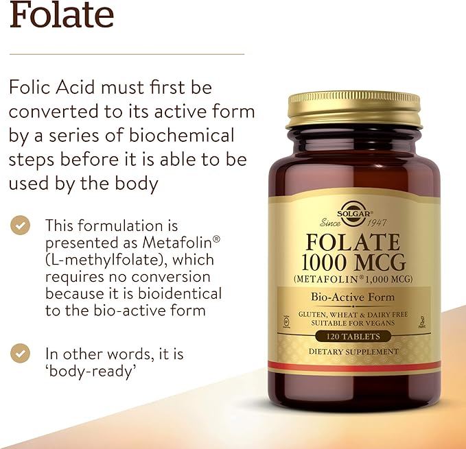 Solgar Folate 1000 mcg, 120 Tablets - 1000 mcg Bio-active Metafolin - Vegan, Gluten Free, Dairy Free, Kosher - 120 Servings