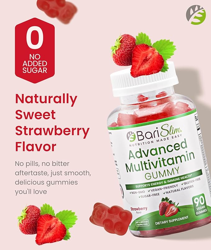 BariSlim Advanced Bariatric Multivitamin Gummies - Specially Formulated Bariatric Vitamins for Patients After Weight Loss Surgery - Supports Energy & Immune Health | Strawberry (90 Vegan Gummies)