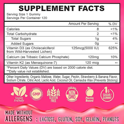 Center-Filled Vitamin D3 K2 Gummies - Kids, Teens & Adults - Supplement for Healthy Teeth, Bone, Energy & Immunity - 5000 IU D3, 120 mcg K2(MK-7), 120 mg Calcium - Vegan & Non-GMO - 120 Count