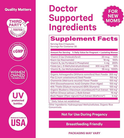Pink Stork Postpartum Mood Support - Postnatal Hormone Balance for Women - Breastfeeding Friendly - Stress & Cognitive Support, New Mom Essentials - Ashwagandha, Chamomile, & Vitamin D, 120 Capsules