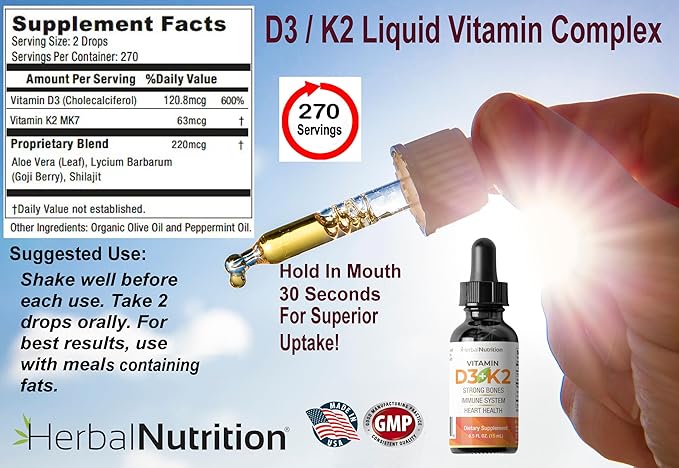 Herbal Nutrition Organic Vitamin D3 K2 Drops – 5000 IU D3 + 63mcg MK7 K2 – 270 Servings, Vegan, Liquid Supplement Superior Delivery – Bone, Heart, Immune & Mood Support – Peppermint Flavor