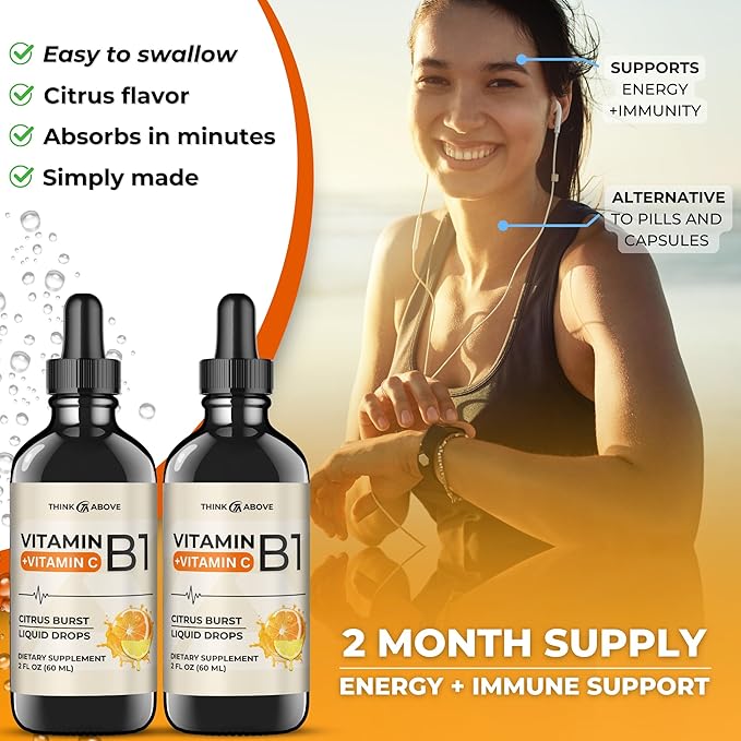 Vitamin B1 + Vitamin C Liquid Drops - Energy & Immune Support Supplement - 2 fl oz (60 ml) Pack of 2 - Fast Absorption, Easy-to-Use