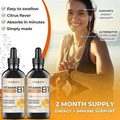 Vitamin B1 + Vitamin C Liquid Drops - Energy & Immune Support Supplement - 2 fl oz (60 ml) Pack of 2 - Fast Absorption, Easy-to-Use