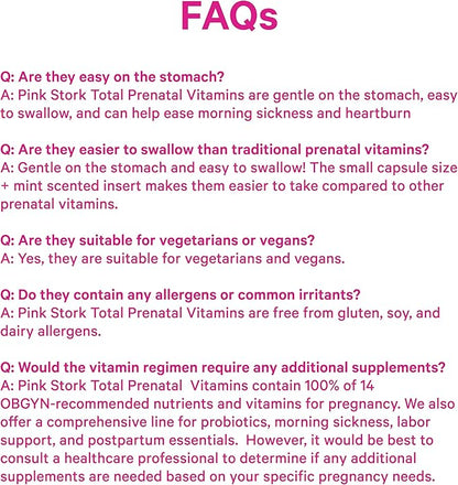 Pink Stork Total Prenatal Vitamins with DHA, Folate, Iron, Choline, and Vitamin B12 - Preconception Nutrition - Prenatals for Women, Pregnancy Essentials - Mint Essence, 60 Capsules, 1 Month Supply