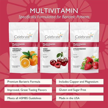 Celebrate Vitamins Bariatric Multivitamin Soft Chews - Essential Vitamins & Minerals, Sugar & Gluten Free - Gastric Bypass & Sleeve Gastrectomy Supplement - Strawberry/Orange/Cherry (180ct)