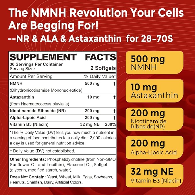 Liposomal NMNH Softgel 500mg, Alpha-Lipoic Acid 200mg, Astaxanthin Supplements 10mg + Vitamin B3 + Nicotinamide Riboside, High Absorption, Healthy Aging, Energy, Mitochondrial & DNA Support, 120Counts