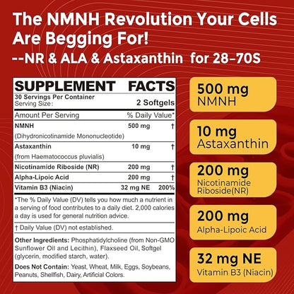 Liposomal NMNH Softgel 500mg, Alpha-Lipoic Acid 200mg, Astaxanthin Supplements 10mg + Vitamin B3 + Nicotinamide Riboside, High Absorption, Healthy Aging, Energy, Mitochondrial & DNA Support, 120Counts