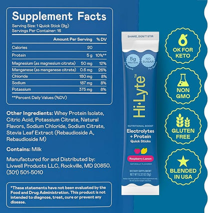 Hi-Lyte Nutritional Boost - Electrolytes + Protein Quick Sticks - Raspberry Lemon - Hydration + Whey Protein Powder Packets - 5g Protein, Electrolytes, No Sugar, Keto Friendly