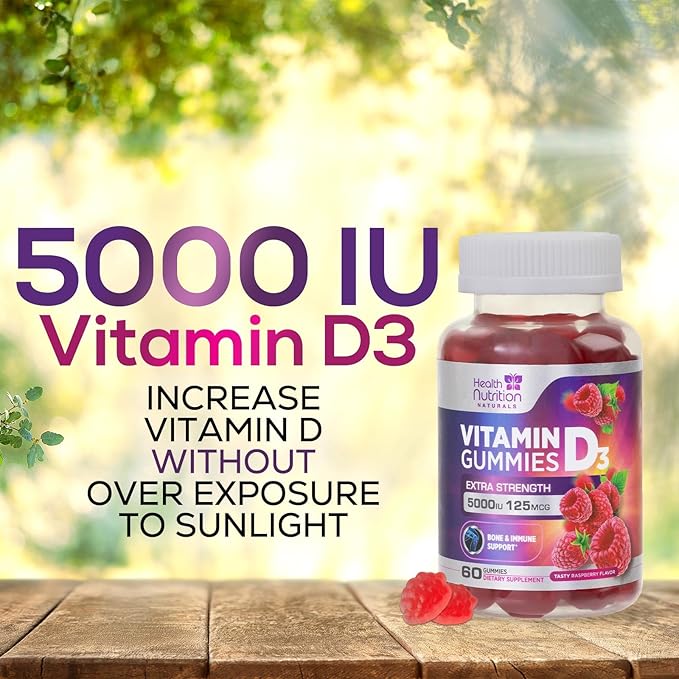 Vitamin D3 Gummies 5000 IU (125 mcg) - Extra Strength Immune Support, Bone, Teeth and Muscle Vitamin D Gummy Dietary Supplement, Nature's Berry D Vitamin Supplement, Raspberry, Non-GMO - 60 Gummies