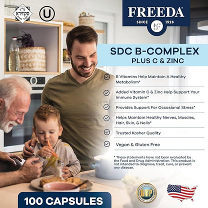 FREEDA SCD B-Complex with Vitamin C & Zinc | Methylfolate & Active B12 | Vegan, Kosher (180 Capsules)
