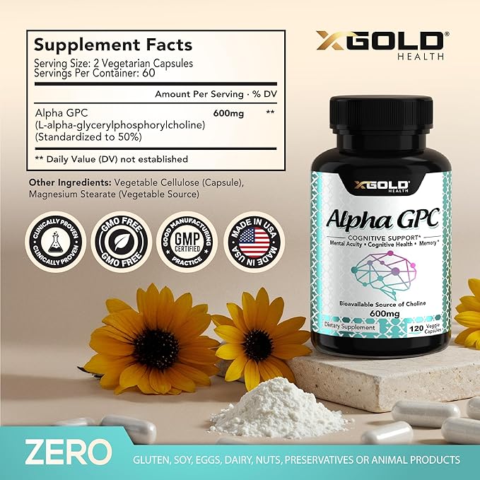 Alpha GPC Choline 600mg, 99% Pure Nootropic Supplement, 120 Veggie Capsules, Cognitive Enhancer for Memory, Brain Health & Focus