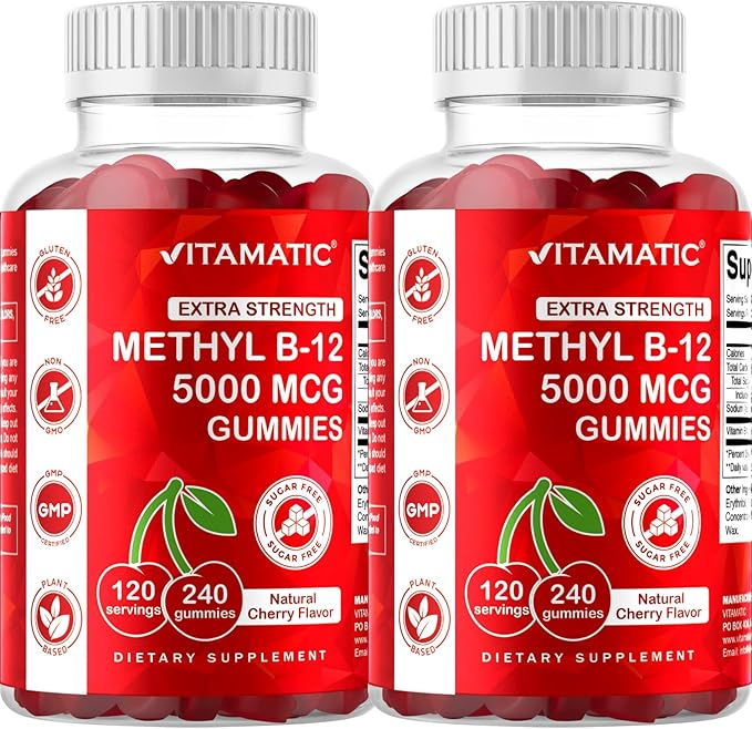 Vitamatic Extra Strength Vitamin B12 5000 mcg (Methyl B12) Gummies - 240 Count, Natural Cherry Flavored
