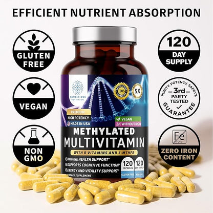 Number One Nutrition Methylated Multivitamin for Women & Men, Natural Daily Multivitamins with Folate, Vitamin B12, Vitamin B2 and B6, Non-GMO, Gluten-Free, 120 Caps