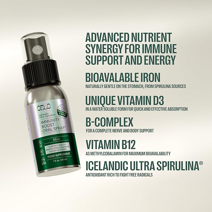 Orlo Immunity Boost Multivitamin Supplement for Adults Spray - Spirulina, Bioactive Vitamin B Complex, B12 Methylcobalamin, Vitamin D3 - Energy, Brain & Immune Health (Up to 60 Servings)