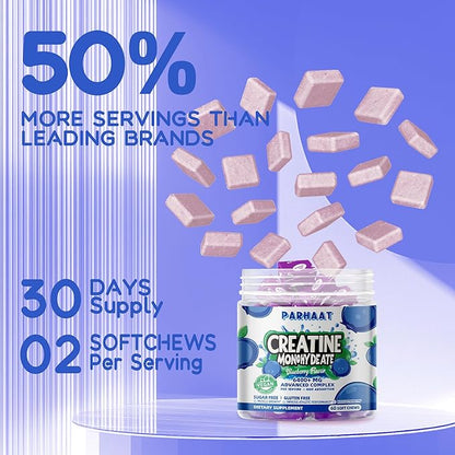 Creatine Monohydrate Chews Complex 6400mg for Men & Women -Advanced Formula W/L-Taurine + Vitamin B12, Sugar Free Chewable Supplement,60 Blueberry Softchews