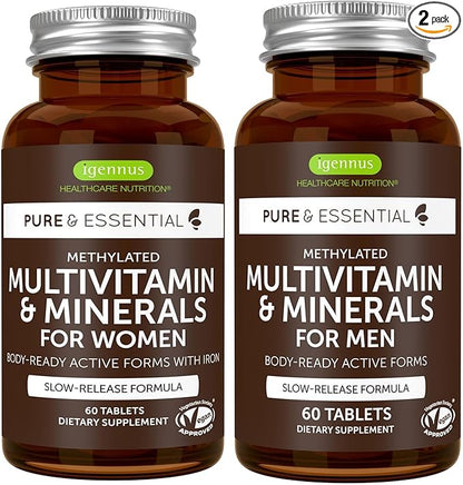 Igennus Methylated Multivitamin for Men & Women 2-Pack, All-Day Nutrient Delivery, Pure & Clean, Methylfolate & Methylcobalamin, High Strength MTHFR Supplement, Non-GMO & Halal, 30 Day Supply