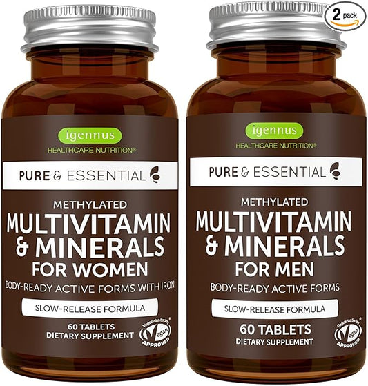 Igennus Methylated Multivitamin for Men & Women 2-Pack, All-Day Nutrient Delivery, Pure & Clean, Methylfolate & Methylcobalamin, High Strength MTHFR Supplement, Non-GMO & Halal, 30 Day Supply