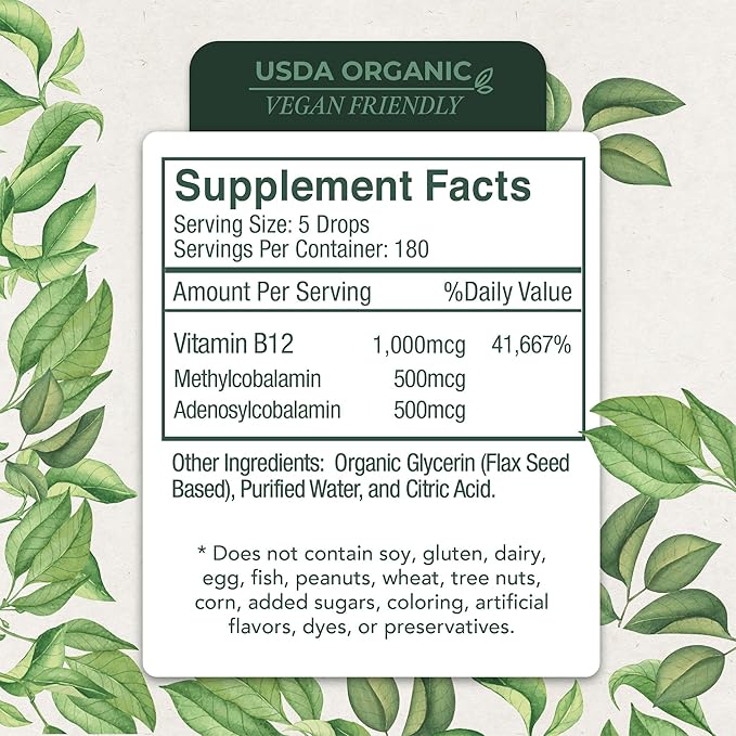 LiveWise Naturals Liquid Vitamin B12 Drops Organic Supplement with Adenosylcobalamin & Methylcobalamin – Easy to Absorb, Gluten-Free, Dairy-Free, for Energy & Wellness, Sublingual Formula -1 Fl Oz