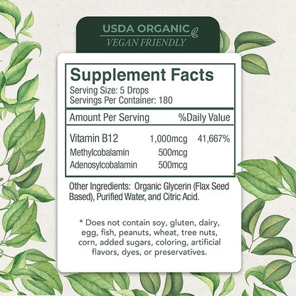 LiveWise Naturals Liquid Vitamin B12 Drops Organic Supplement with Adenosylcobalamin & Methylcobalamin – Easy to Absorb, Gluten-Free, Dairy-Free, for Energy & Wellness, Sublingual Formula -1 Fl Oz