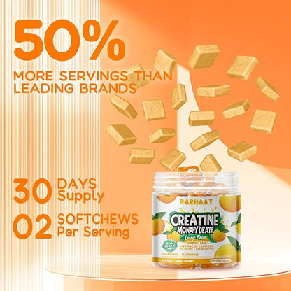 Creatine Monohydrate Chews Complex 6400mg for Men & Women -Advanced Formula W/L-Taurine + Vitamin B12, Sugar Free Chewable Supplement,60 Orange Softchews