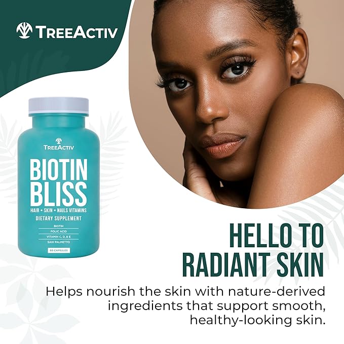 Biotin Bliss Skin Hair Nails Vitamins + Saw Palmetto Supplement Volumizer & Thickening Formula for Men Women Folate MSM B Complex for Hair Growth & Strength 60 Capsules 30-Day Supply