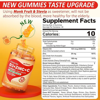 Sugar Free Vitamin C + D3 + Zinc Gummies for Adults 50 +, 9 in 1 Immune Defense Supplement with D3 5000IU, Elderberry, Echinacea, Mullein Leaf for Boost Immunity, Power Antioxidant, Vegan (Pack of 1)